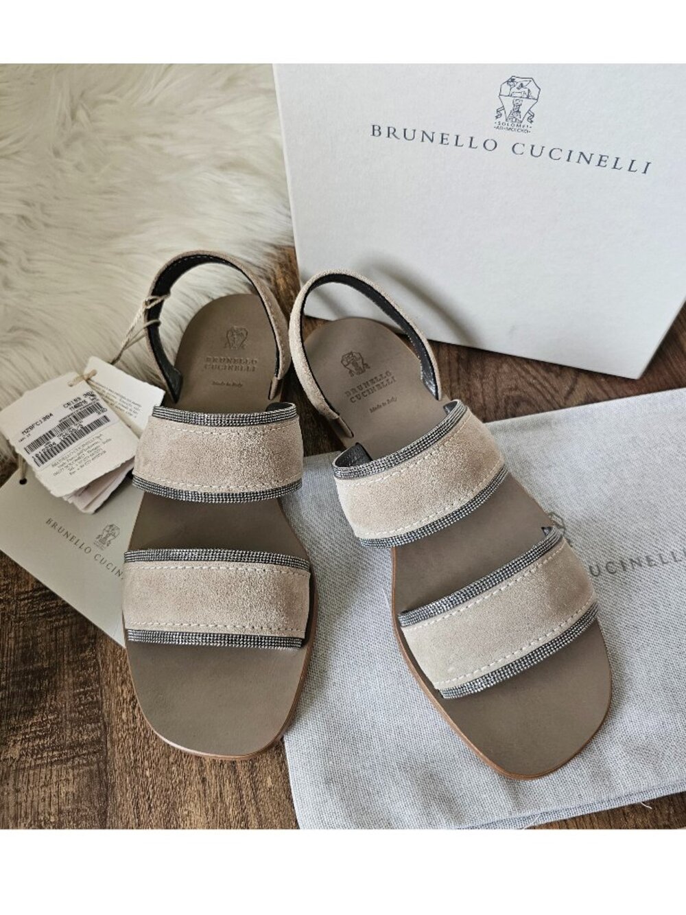 NWT Brunello Cucinelli Monili Beaded Suede Slingback Flat Sandals 38.5 8.5 Taupe
